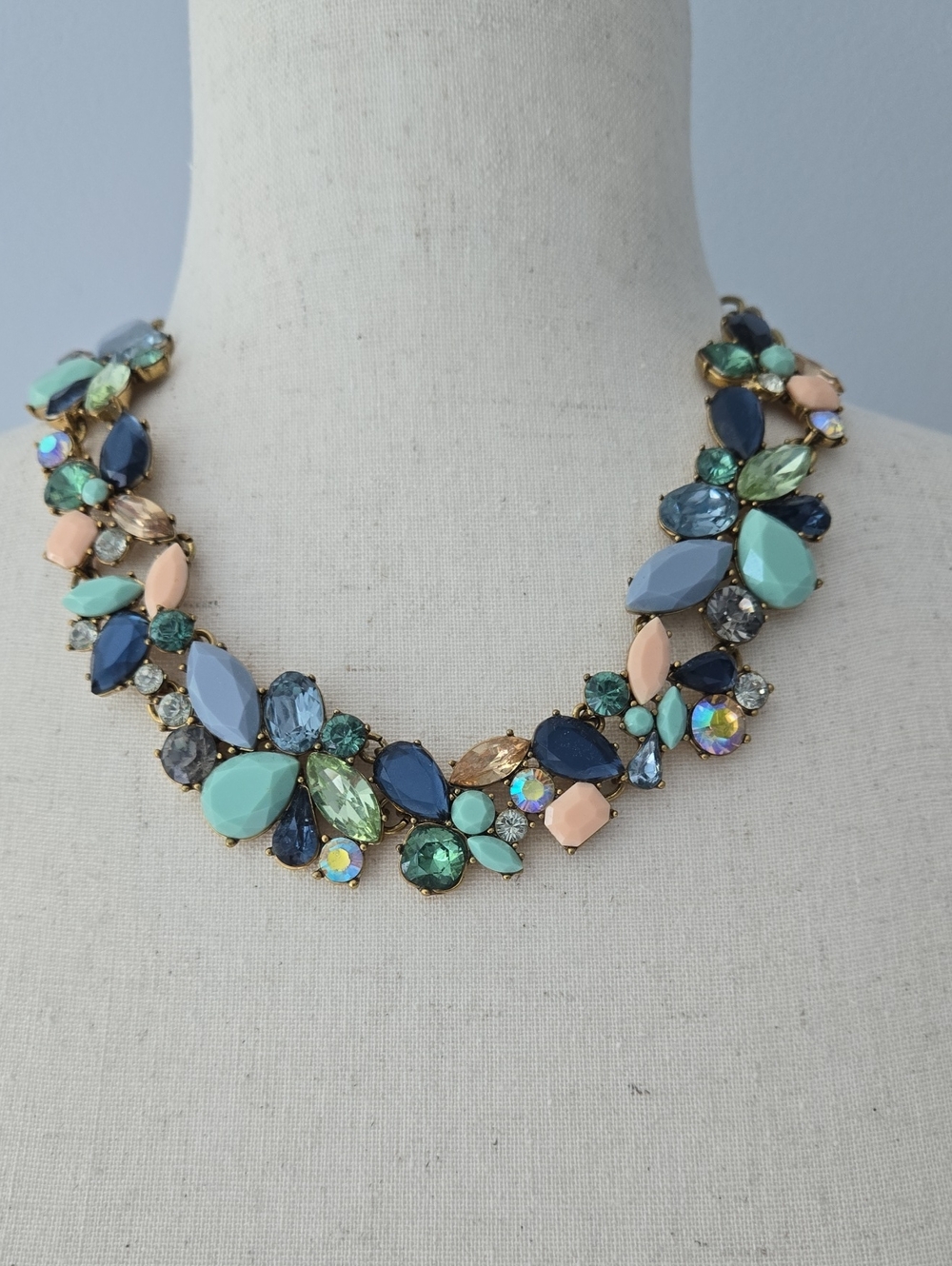 Vintage J.Crew Mixed Stone Statement Necklace Cobalt Blue Peach Crystal Necklace